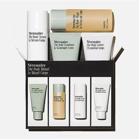 The Body Ritual Set. 4 x Viagem. Suaviza, Repõe, Firmeza, Hidratação com AHA/BHA/PHA, Ácido Hialurônico, Peptídeos, Niacinamida. Testado por Dermatologistas. Hipoalergênico - Nécessaire