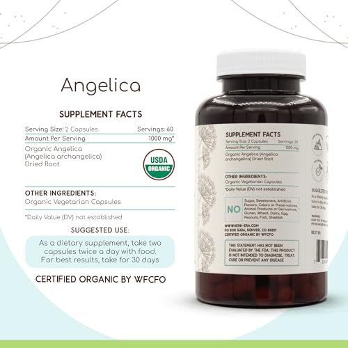 HerbEra - Angelica Orgânica USDA 120 Cápsulas | Suplemento Herbal Natural | Cápsulas Vegetarianas Certificadas Orgânicas e Raiz Seca de Angelica (Angelica archangelica) Orgânica (120 Cápsulas)