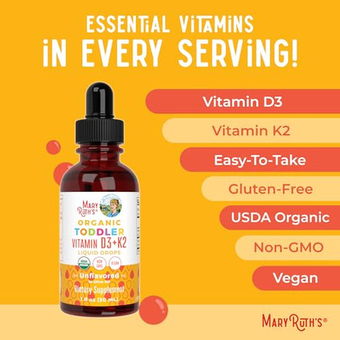MaryRuth Organics - Vitaminas D3 e K2 Líquidas para Crianças | Fortalecimento Ósseo | Vegano | Sem Glúten