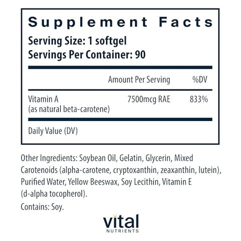 Beta Caroteno Natural 25.000UI | Precursor da Vitamina A | Antioxidante de Alta Dose | Suporte para Visão, Pele e Saúde | Livre de Glúten, Laticínios e Soja | 90 Softgels - Vital Nutrients
