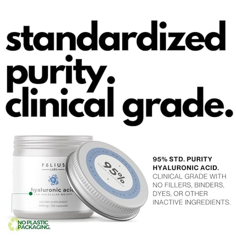 FOLIUS LABS - Cápsulas de Ácido Hialurônico de Ultra Alta Pureza 500mg – 95% Hialuronato de Sódio – Altamente Purificado e Bioacessível – Baixo Peso Molecular – Não-OGM Fermentado – 120 Cápsulas