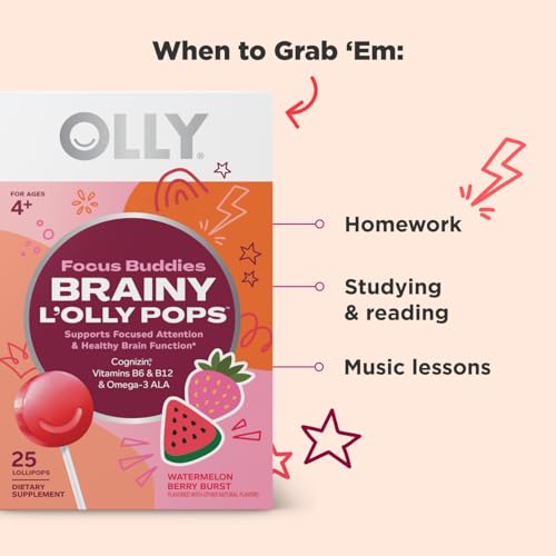 Focus Buddies L’OLLY Pops – Lollipops de Omega-3 ALA, B6, B12, Cognizin® para Atenção Concentrada – 30g - OLLY