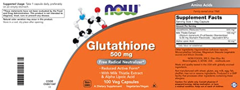 NOW Foods - Now Glutathione 500 mg – 100 Cápsulas Veganas – Forma Reduzida GSH – Enriquecido com Extrato de Cardo Mariano e Ácido Alfa Lipóico