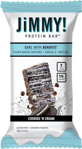 JIMMYBAR - JiMMY’S! Barra de Proteína Funcional – Cookies and Cream – 12 Unidades – 18g Proteína com Cafeína, Ômega 3 e Óleos MCT – Baixo teor de açúcar, sem glúten, Energizante