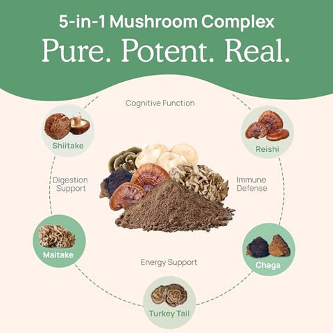 5 Defenders – Cápsulas de Extrato de Cogumelo Orgânico com Chaga, Shiitake, Maitake, Turkey Tail | 100% Natural e Potente - Real Mushrooms