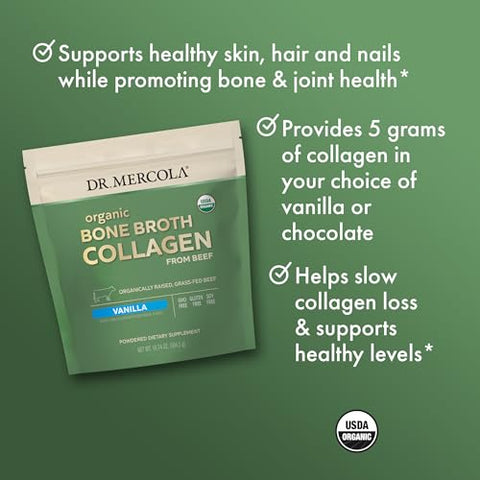 Colágeno em Pó de Caldo de Osso Orgânico – Baunilha, 30 Porções (30 Medidas), Suplemento Alimentar, Suporte para Conforto Ósseo e Articular, Orgânico Certificado pelo USDA, Não-OGM - Dr. Mercola