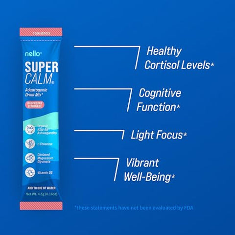 Supercalm: Pó para Bebida de Framboesa Limonada, L Teanina, Ksm-66 Ashwagandha, Glicinato de Magnésio, Vitamina D3 – Relaxamento e Bem-Estar - Nello