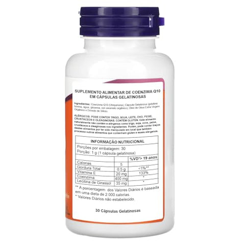 NOW Foods - NOW Coq10 400mg, 30 Softgels – Potente Antioxidante para Saúde Cardiovascular