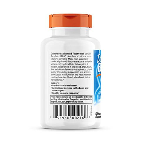 Doctor's BEST - Vitamina E Tocotrienóis Doctor’s Best contém TocoGaia ULTRA™ complexo de vitamina E de espectro completo bioaperfeiçoado, 60 cápsulas