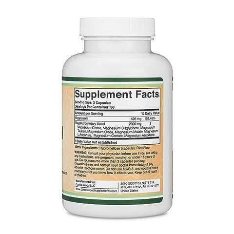 Double Wood Supplements - Magnésio Complexo 180 Cápsulas (436mg de Magnésio Elemental Fornecido por 2.300mg de Oito Formas Diferentes de Magnésio) MAG-8 Oferece 100%% do Valor Diário Recomendado de