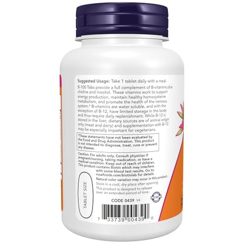 Suplementos, Vitamina B-100, Liberação Sustentada, Produção de Energia, Saúde do Sistema Nervoso, 100 Comprimidos - NOW Foods