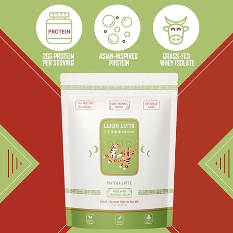 Lunar Lifts Nutrition - Matcha Latte – Pó de Proteína de Chá Matcha com Bolhas | 26g de Proteína Isolada de Soro de Leite em Pó Matcha | Pó de Chá Matcha Grau Cerimonial para Bubble Tea | Sem Açúcar Adicionado