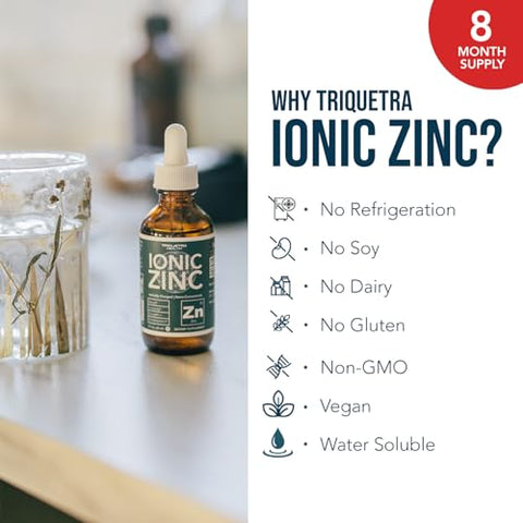 Triquetra Health - Zinco Líquido Iônico – Suprimento de 8 Meses, Doses Ajustáveis para Toda a Família – Forma de Sulfato de Zinco, Vegano, Frasco de Vidro – Suporte para Imunidade, Cérebro, Tireoide – Melhor Absorção de Zinco