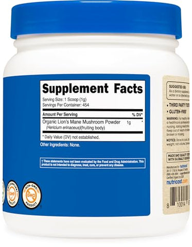 Pó de Cogumelo do Leão Orgânico 454g – Certificado Orgânico USDA - Nutricost