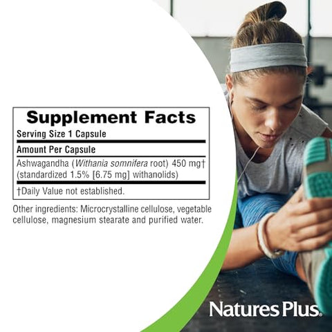 Herbal Actives Ashwagandha 450 mg – 60 Cápsulas Vegetarianas – Qualidade de Prescrição – Livre de Glúten – 60 Porções - Natures Plus