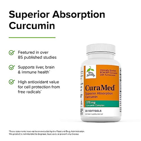 CuraMed 375 mg Complexo de Curcumina – 60 Softgels, Pacote com 2 – Absorção Superior BCM-95 – Não-OGM, Sem Glúten, Halal – 120 Porções Totais - Terry Naturally