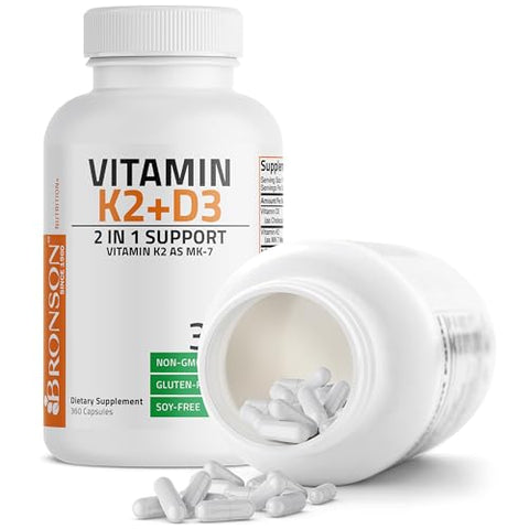Vitamina K2 (MK7) com D3 – Fórmula Não-OGM 5000 UI de Vitamina D3 - Bronson