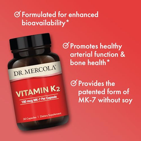 Vitamina K2, 30 Porções (30 Cápsulas), 180 mcg MK-7 Por Cápsula, Suplemento Alimentar, Promove Função Arterial Saudável, Não-OGM - Dr. Mercola