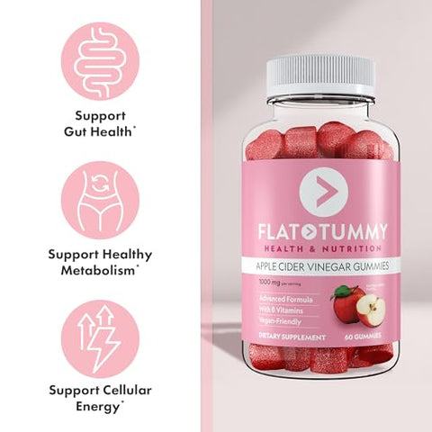 Gomas de Vinagre de Maçã Flat Tummy, 60 Unidades (5 Pacotes) – Gomas de ACV, Detox, Suporte à Saúde Intestinal – Vegano, Não-OGM – Pós de Beterraba e Romã, Vitaminas
