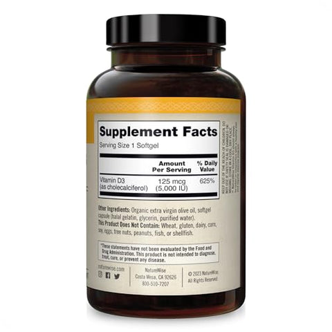Vitamina D3 5000UI (125 mcg) – Função Muscular Saudável e Suporte Imunológico – Livre de Transgênicos e Glúten – Óleo de Oliva Extra Virgem – Embalagem Variada (Mini Softgel) – 200 Unidades - NatureWise