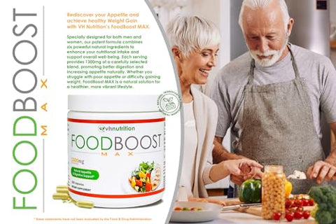 FoodBoost MAX | Estimulante de Apetite 1300mg* para Ganho de Peso* para Homens e Mulheres | Fórmula com Genciana, Cúrcuma, Funcho | 120 Cápsulas - VH Nutrition