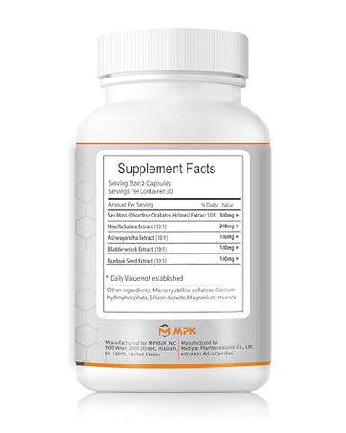 3000 mg Sea Moss Avançado – Irish Sea Moss, Ashwagandha, Bladderwrack, Óleo de Semente de Black Seed, Gengibre, Raiz de Bardana (60 cápsulas) - MPK