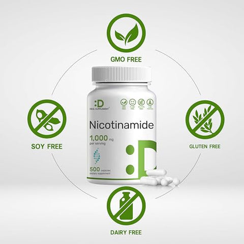 DEAL SUPPLEMENT - Vitamina B3 Nicotinamida 1.000mg Por Porção – 500 Cápsulas, Niacina Livre de Rubor, B3 Essencial – Suporta uma Pele Saudável