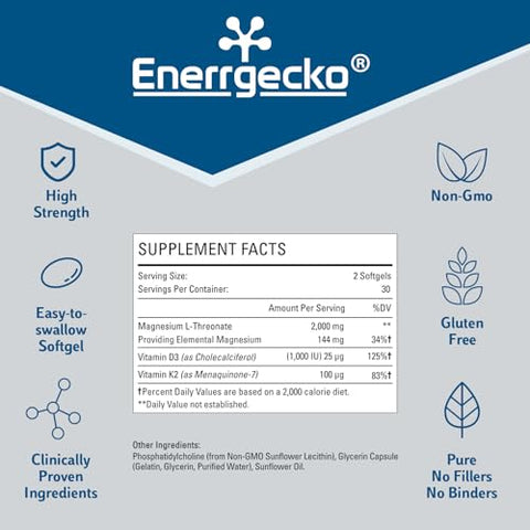 Enerrgecko - Liposomal Magnesium L-Threonate Softgels 2000mg – Vitamina D3 – 60 cápsulas