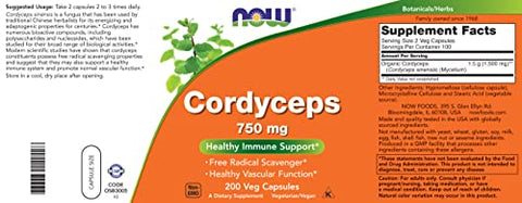 Cordyceps 200 Cápsulas (Pacote com 2) 750mg, Vegano Cogumelo Não-OGM VCaps - NOW Foods