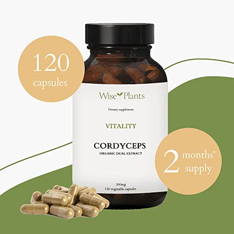 Wise Plants - Suplemento de Cogumelo Cordyceps. Extrato Duplo, 30%% Polissacarídeos, 500 mg 120 cápsulas vegetais (Fornecimento de 60 Dias). Energia, Resistência, Recuperação e Suporte em Altitudes Elevadas