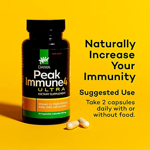 Daiwa Health Development - Daiwa PeakImmune4 – Suplemento Natural de Suporte Imunológico com Extrato de Farelo de Arroz RBAC e Micélio de Cogumelos Shiitake – Ultra Força