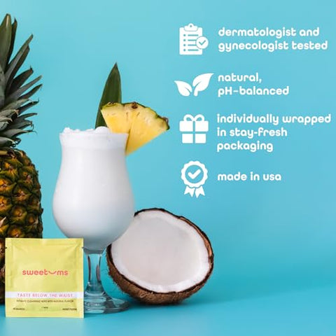 Sweetums - Lenços íntimos femininos para mulheres, embalados individualmente – Lenços íntimos com sabor e pH balanceado – Pacote com 10 unidades (Pina Colada)