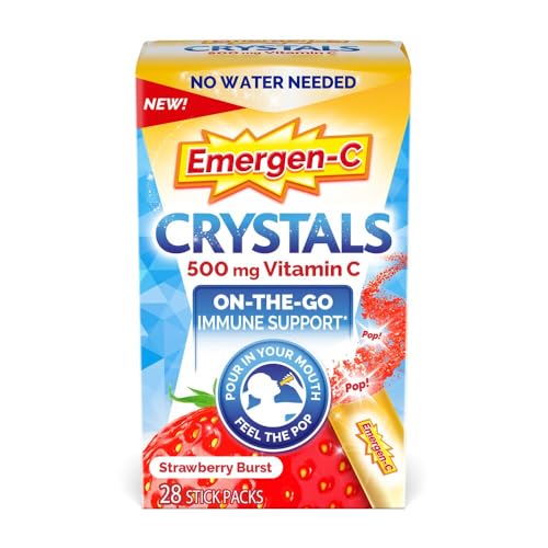 Crystals: Suplemento de Suporte Imunológico On-The-Go com 500 mg de Vitamina C, Vitaminas B, Zinco e Manganês, Sabor Morango, 28 Stickpacks Pacote de 2 - Emergen-C