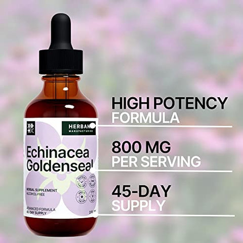 HERBANA MANUFACTURING - Echinacea e Goldenseal Extrato Líquido 60ml – Suplemento Herbal Natural – Suporte Imunológico – Melhora o Sono | Aumenta a Energia – Alta Potência – Fornecimento de 45 Dias