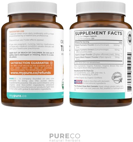 PURE CO - Curcuma Orgânica USDA com Pimenta Preta e Gengibre (Suprimento de 4 Meses) – Suplemento para Suporte Articular com Pó de Cúrcuma e Raiz de Gengibre – Suplemento Orgânico de Cúrcuma – 120 cápsulas