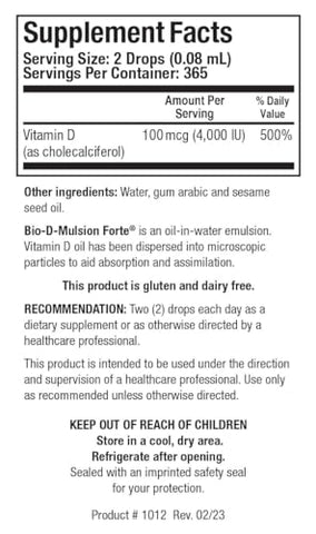 Bio D Mulsion Forte – Vitamina D3 Líquida 50 para Melhor Absorção, Fortalece os Ossos, Suporta o Sistema Imunológico, Sistema Cardiovascular – 30ml - Biotics Research