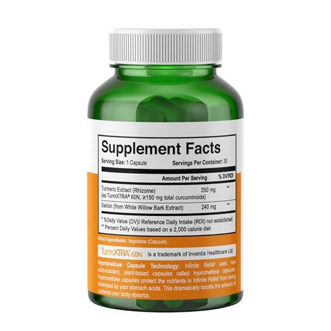 Suplemento de Cúrcuma para Suporte Articular, 30 Cápsulas – Feito nos EUA, Vegano, Livre de Glúten – Extrato de Cúrcuma 250mg, Salicina de Salgueiro 240mg - INFINITE AGE
