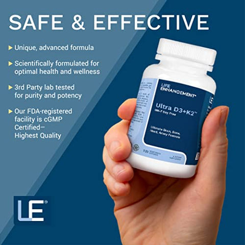 Life Enhancement - Vitamina D3 K2 – 2000 UI de Vitamina D3 com Vitamina K2 – Suplemento para Formação Óssea Saudável, Saúde Cardiovascular e Suporte Imunológico – 120 Porções