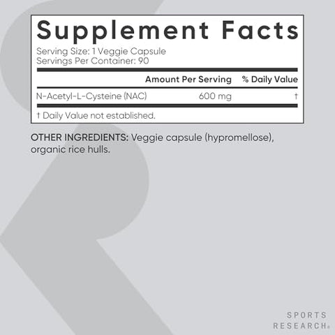 N-Acetyl L-Cysteine (NAC) 600mg – 90 Cápsulas Vegetais Veganas – Sem Glúten, Não-OGM. Aroma de Limão - Sports Research