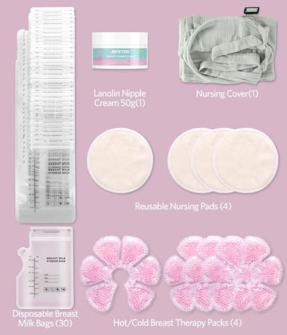 BESTEK - Kit Essencial para Amamentação – Absorventes de Amamentação, Cobertura para Amamentação, Creme para Mamilos, Sacos de Armazenamento de Leite Materno, Bolsas Térmicas para Terapia Quente e Fria, Conjunto de Presente com 40 Peças