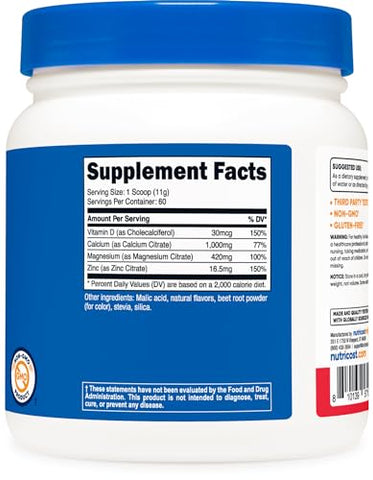 Cálcio Magnésio Zinco com Vitamina D3 em Pó, 60 Porções (Sabor Frutas Vermelhas) – Cálcio (1000 MG) Magnésio (420 MG) Zinco (16.5 MG) Vitamina D3 (30 MCG) – Livre de Glúten, Não-OGM - Nutricost
