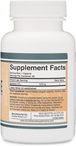 Double Wood Supplements - Berberine 500mg, 60 Cápsulas – Testado por Terceiros, Livre de Transgênicos, Sem Glúten, Vegano – Ativador AMPK para Saúde Cardiovascular – Berberina HCL pela Double Wood