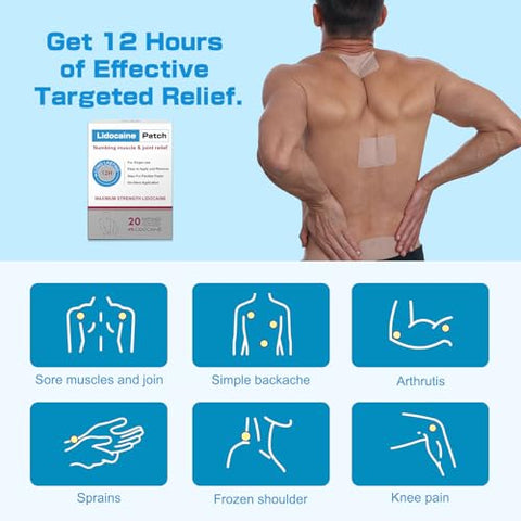 Teemofe - Pain Relief Patch Lidocaína 20 Unidades | Patches de Alívio Máximo para Dores Musculares no Pescoço, Joelho, Costas e Ombros | Alívio Duradouro de 12 Horas – Marca Pains-00232