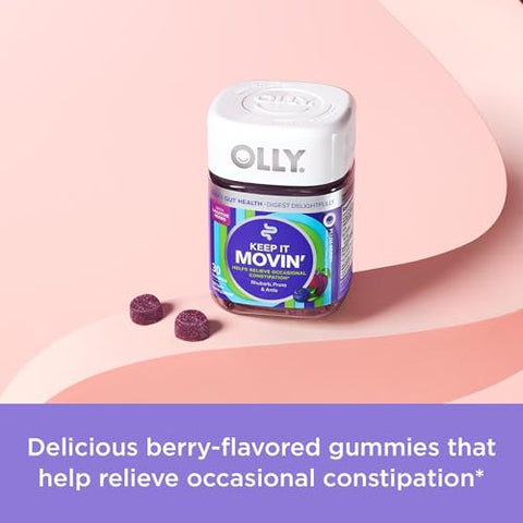 Alívio da Constipação Keep it Moving – Ruibarbo, Ameixas, Amla – Sabor de Ameixa e Frutas Vermelhas – 30ct - OLLY