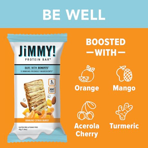 JIMMYBAR - JiMMY’S Immune! Barra de Suporte Imunológico Citrus Blast – 12 Unidades – Barra de Proteína com Ingredientes Fortificantes Imunológicos: Vitamina C, Cúrcuma, Laranja, Manga, Acerola e Amêndoas