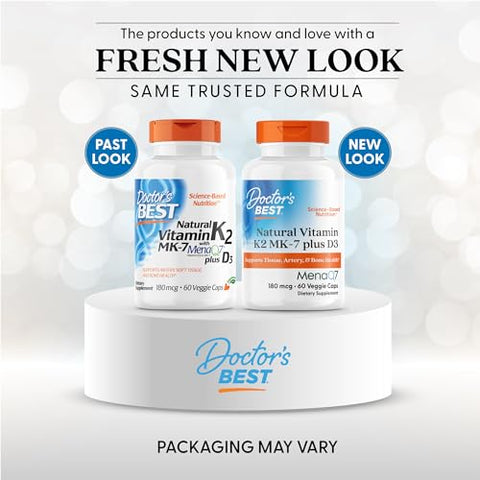 Doctor's BEST - Doctor’s Best Vitamina K2 Natural com MK-7, 180mcg + D3 1000UI, Sem OGM, Sem Glúten, Vegetariano, Sem Soja, 60 Cápsulas Vegetais