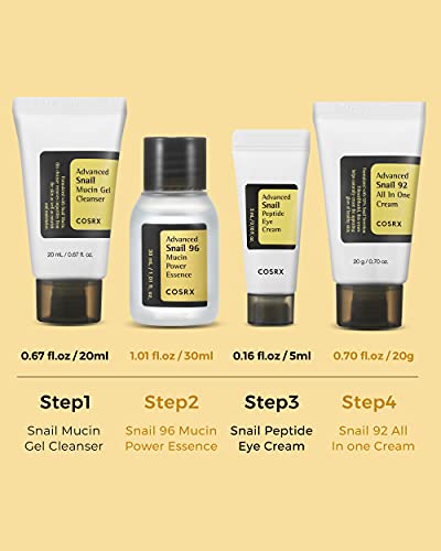 Skincare Coreano com Caracol | Kit de Viagem Aprovado pela TSA, Tamanho Reduzido, Presente com Gel de Limpeza Facial, Essência, Creme - COSRX