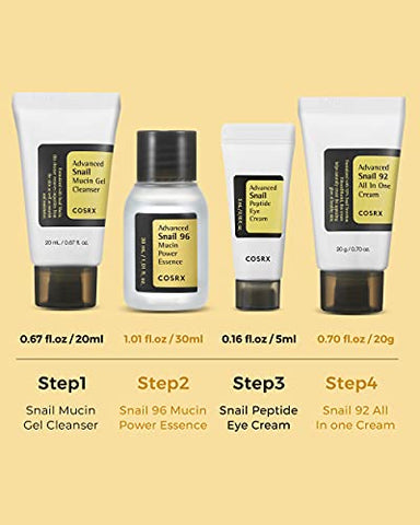 Skincare Coreano com Caracol | Kit de Viagem Aprovado pela TSA, Tamanho Reduzido, Presente com Gel de Limpeza Facial, Essência, Creme - COSRX