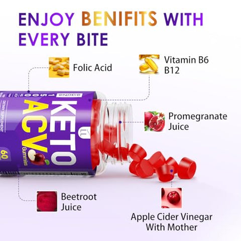 EAONE - (2 Pacotes 3000mg) Gomas Avançadas de Keto Acv, Gomas de Keto Leve, Com Acv B6 B12 Folate, para Perda de Peso, Suplemento de Gomas Keto para Mulheres e Homens