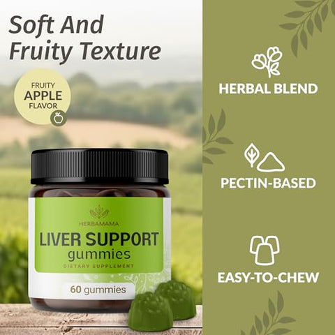 Gummies de Suporte ao Fígado – Complexo Herbal para Desintoxicação e Limpeza do Fígado – Vegano, Livre de Gelatina, Não-OGM – 60 Chews de Saúde do Fígado com Sabor de Maçã - HERBAMAMA